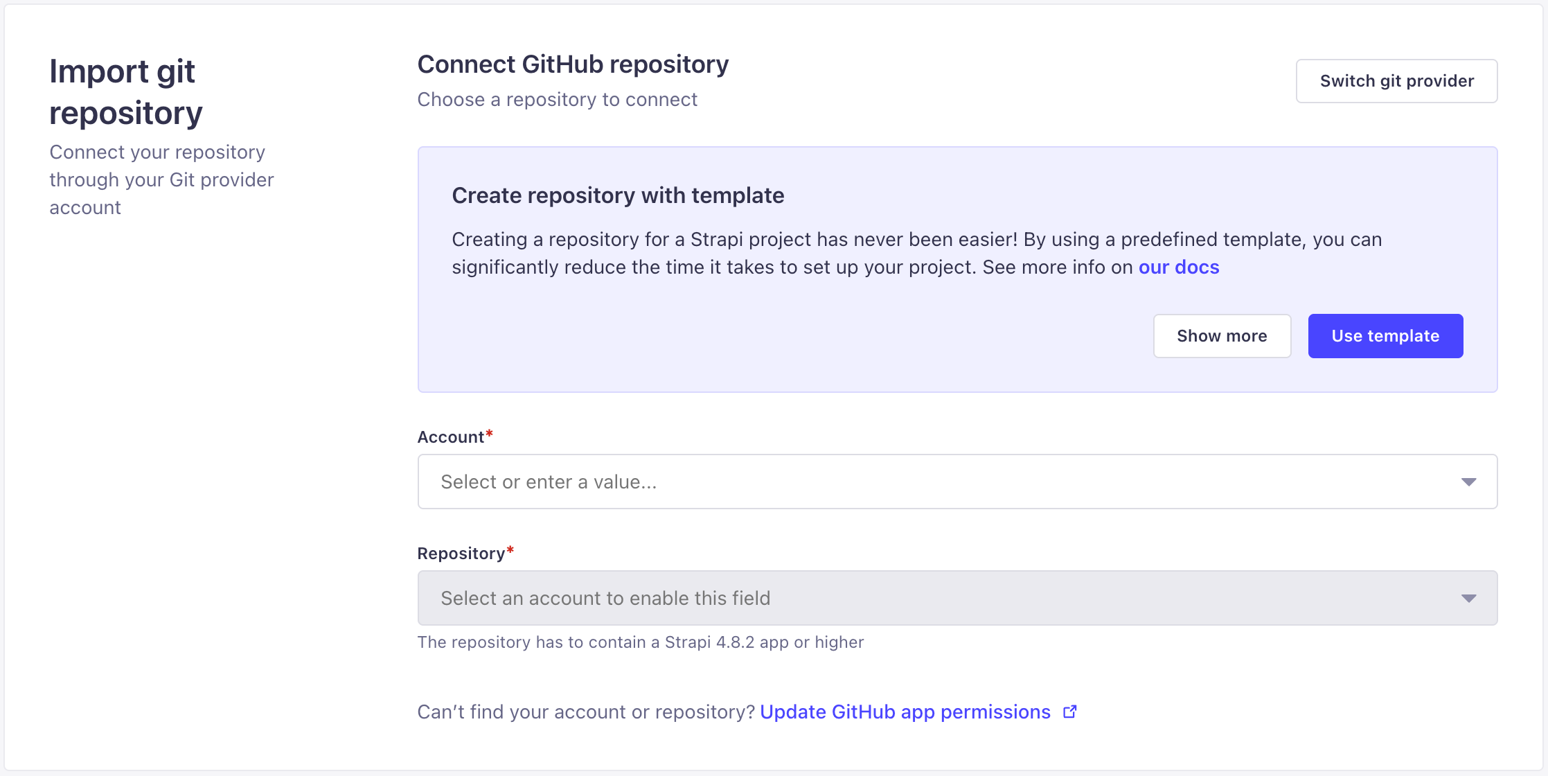 Selecting git account and repository